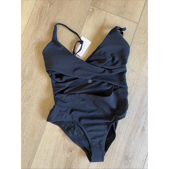 Wilo The Label Tops - Wilo The Label Rib Wrap V Neck One Piece Swimsuit Black Size Medium NWT